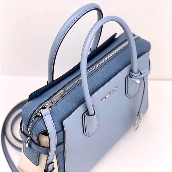 Michael Kors Mercer Medium Belted Satchel Crossbody Pale Blue Multi - Picture 9 of 12